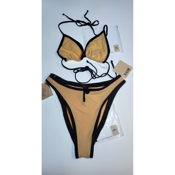 SAME Los Angeles Swim Bikini Set 2Pc Triangle Top XL High Weist Bottom L Beige - Picture 1 of 12